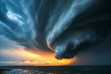 As The Fiery Sun Sets Over The Vast Ocean, A Tempestuous Storm Cloud Looms In The Sky, Casting An Ominous Shadow Over The Peaceful Landscape Of Nature