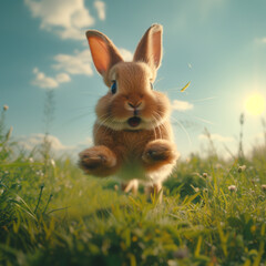 Wall Mural - A happy Easter Bunny, in the middle of an enthusiastic jump, shows a big smile on his face