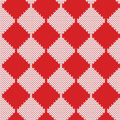 Wall Mural - Rhombus seamless pattern for knitwear design. Red and white background. Monochrome vector illustration.