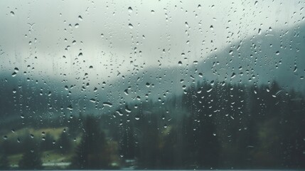 Poster -  a window with rain drops on it and a view of a town in the distance with a green field in the foreground.