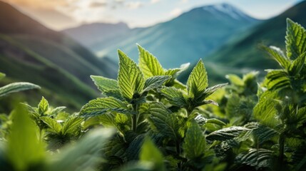 Sticker -  a close up of a leafy plant in the foreground with a mountain range in the distance in the background.