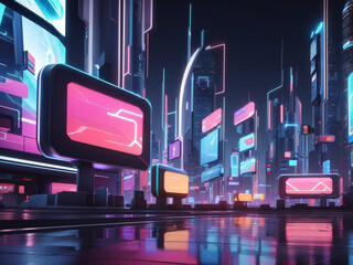 Canvas Print - 
Future Horizons: Billboards Illuminating a Nighttime Futuristic Cityscape