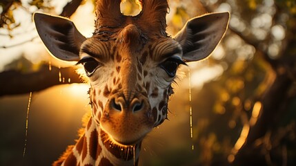 Poster -  a close up of a giraffe's face with the sun shining through the trees in the background.