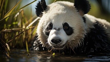 Poster -  a close up of a panda bear in a body of water with grass in the foreground and a blue sky in the background.