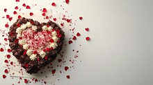 Valentine's Day Flatlay White Background For Text With Decorated Chocolate Cake. Product Mockup Scene Creator.