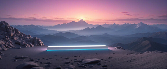 Wall Mural - neon abstract panoramic background with white banner and mountains