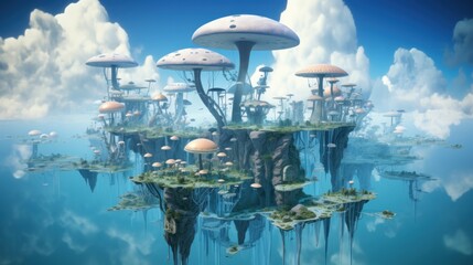 Sticker -  a floating island in the middle of a body of water with lots of mushrooms floating on top of the land.