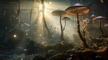  A Group Of Mushrooms In The Middle Of A Forest With Light Coming Through The Trees And Moss Growing On The Ground.