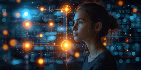 Fototapete - Visionary Programmer Engages with Advanced Data Analysis and Cybernetic Patterns in a High-Tech Workspace Illuminated by the Soft Glow of Multiple Screens, Generative AI