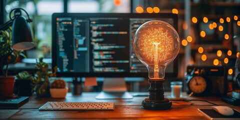 Aufkleber - Visionary Programmer Engages with Advanced Data Analysis and Cybernetic Patterns in a High-Tech Workspace Illuminated by the Soft Glow of Multiple Screens, Generative AI