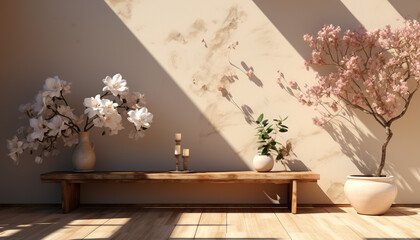Wall Mural - Modern home interior with a vase of pink flowers on a wooden table generated by AI