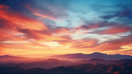 Wall Mural -  a sunset view of a mountain range with clouds in the sky and mountains in the foreground with a red and blue sky.