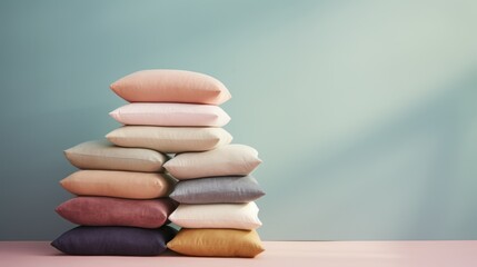 Wall Mural -  a stack of pillows sitting on top of each other on top of a pink floor next to a blue wall.