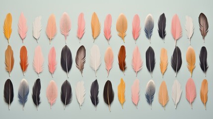 Poster -  a group of different colored feathers arranged in a row on a light blue background with a light blue back ground.