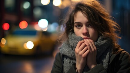 Sticker -  a woman with a scarf around her neck standing on a street at night with a taxi cab in the background.