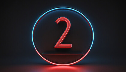 Wall Mural - neon red and blue number 2 in circular frame, glowing in darkness, 3d rendered on black background