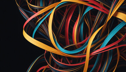 Wall Mural - colorful abstract geometric wallpaper with neon ribbon and glowing lines on black background
