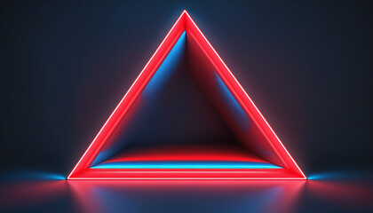 Wall Mural - Neon geometric frame on abstract 3D render with red and blue triangles, glowing in the dark. Minimalist wallpaper.