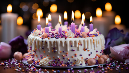 Sticker - Baked birthday cake with multi colored icing and burning candles generated by AI