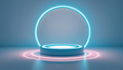 Wall Mural - blue neon ring and cobblestone rock on mirrored background. podium showcase for product display in f