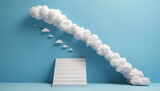 Fototapeta Do przedpokoju - 3d rendering, abstract minimalist blue background with stairs and the row of three white clouds flying out the tunnel