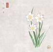 Ink painting of daffodiles on vintage background. Traditional oriental ink painting sumi-e, u-sin, go-hua. Hieroglyphs - eternity, freedom, happiness, harmony