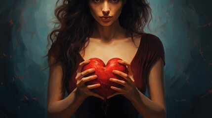 Wall Mural -  a painting of a woman holding a red heart in front of her face with a creepy look on her face.