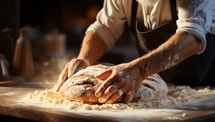 One person preparing homemade bread, working with dough and flour generated by AI