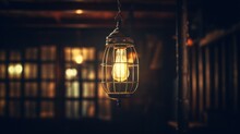  A Light Bulb Hanging From A Chain In A Dark Room With Blurry Bookshelves In The Back Ground.