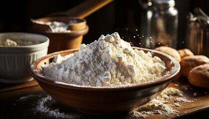 Wall Mural - Fresh homemade bread on rustic wooden table, healthy and delicious generated by AI