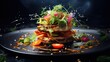  a black plate topped with a burger covered in lots of veggies and sprinkled with sauce and sprinkles.