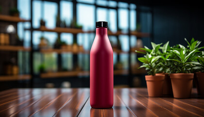 Poster - Modern design empty glass bottle on wooden table indoors generated by AI