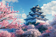 Japanese castle on a hill with cherry blossoms in the foreground
