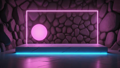 Wall Mural - neon geometric background with rocks and glowing lines. futuristic wallpaper with empty platform for