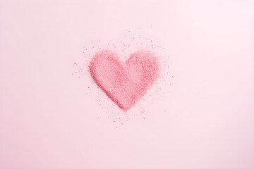 Wall Mural - Heart made of glitter and sparkles on light pink background. Festive abstract backdrop. Romantic and love concept. Valentines day background for design greeting card, banner with copy space