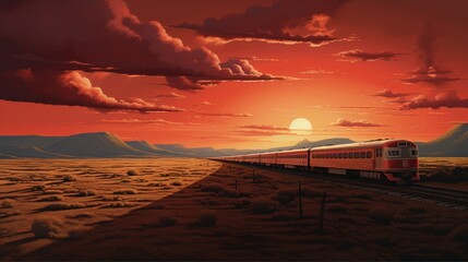 Wall Mural -  a painting of a train on a train track with the sun setting in the background and clouds in the sky.