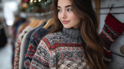 Sticker - Cute attractive girl in warm cozy winter wool sweater