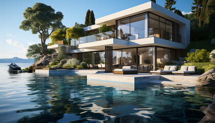 Poster - Luxury modern villa with infinity pool, surrounded by nature generated by AI