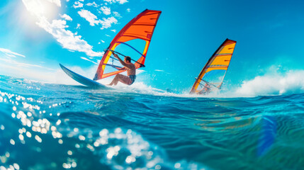 Two windsurfers ride the waves on a sunny summer day