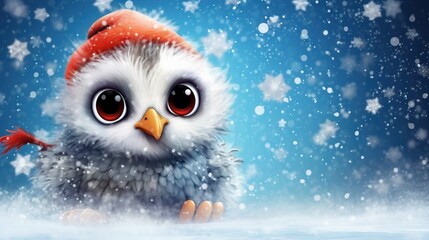 Poster -  a cute little owl with a red hat on in the snow with snow flakes on the ground and falling snow flakes on the ground.