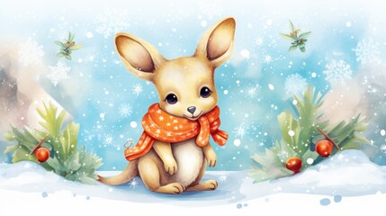 Sticker -  a painting of a bunny with a scarf around its neck sitting in the snow with holly berries around its neck.