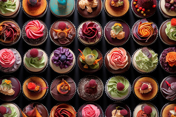 Aerial view of gourmet cupcakes in a row