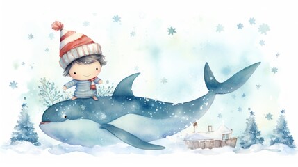 Sticker -  a watercolor painting of a boy riding on a dolphin with snowflakes and a christmas tree in the background.