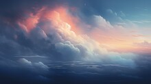  A Painting Of A Sky Filled With Clouds And A Plane Flying In The Sky With A Sunset In The Background.