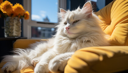 Poster - Cute kitten sitting on sofa, looking at camera, outdoors generated by AI