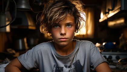 Poster - One serious boy sitting in a dirty kitchen, looking sad generated by AI