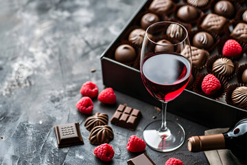 Wall Mural - Bottle of red wine with box of chocolate candies on pink background. Valentine's, Mother's, Women's  day greeting card. Flat lay, top view with copy space