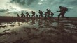 soldiers with helmet running on wet ground