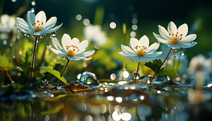 Canvas Print - The yellow daisy blossoms in the meadow, reflecting in the pond generated by AI