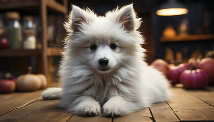 Sticker - Cute puppy sitting on table, looking at camera, indoors generated by AI